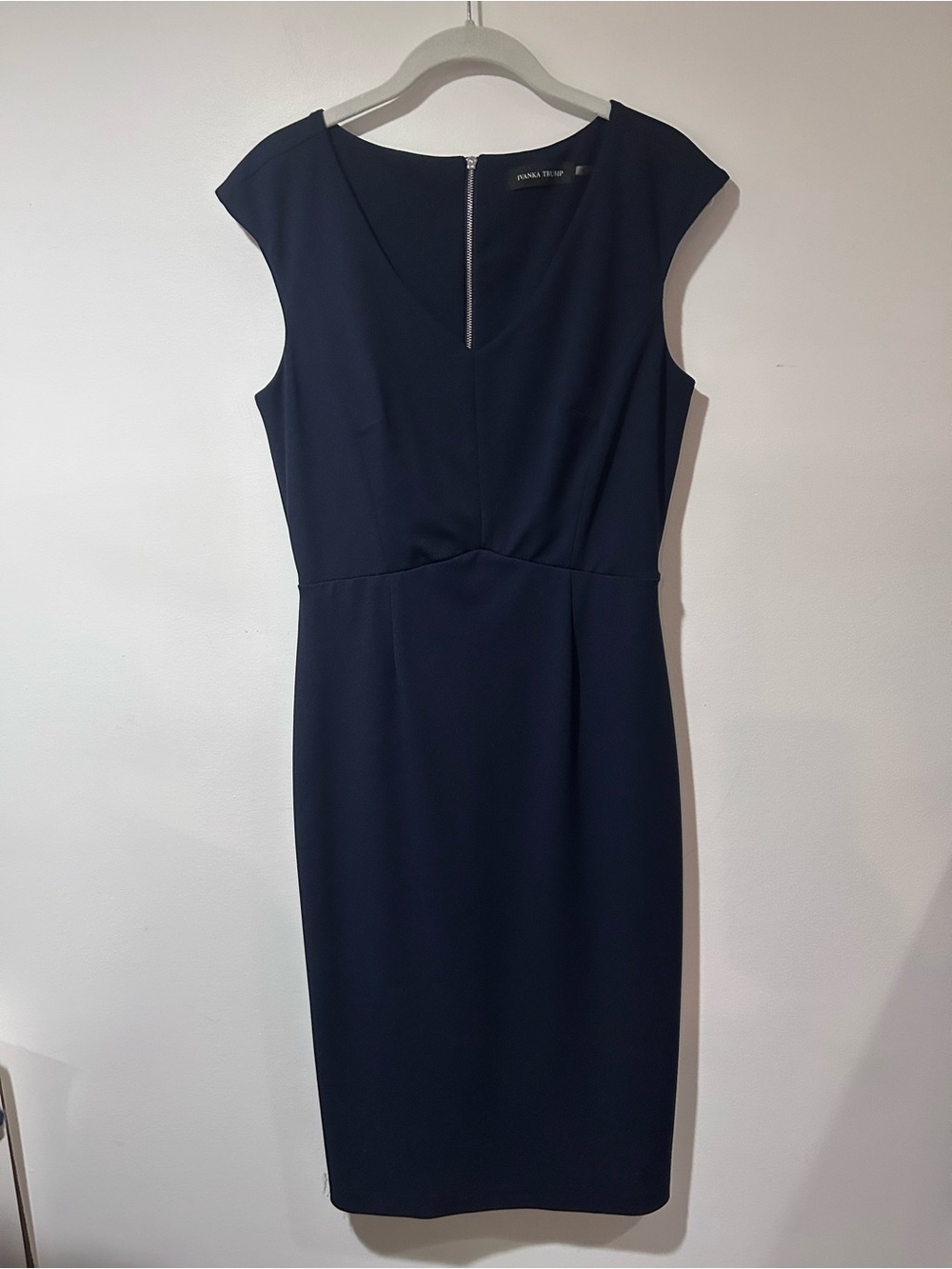 Ivanka Trump Navy Cap-Sleeve Midi Sheath Dress with V-Notch